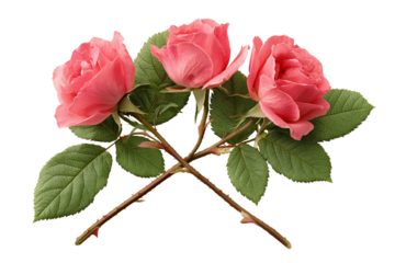 Romantic Trio of Pink Roses with Crossed Stems, Isolated on Black