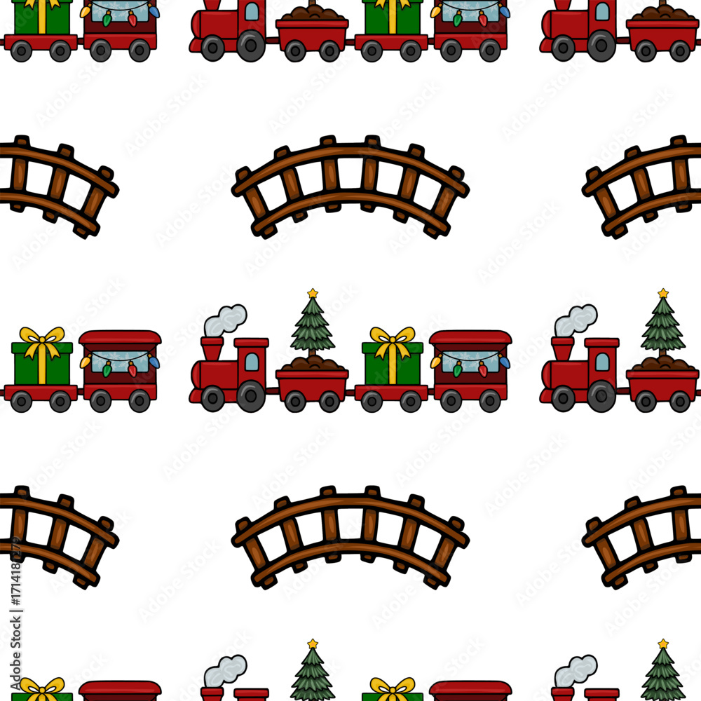 Poster seamless vector pattern featuring a charming christmas train carrying gifts and a christmas tree, in
