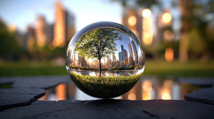 Glass sphere cityscape reflection urban park green tree sustainable future concept