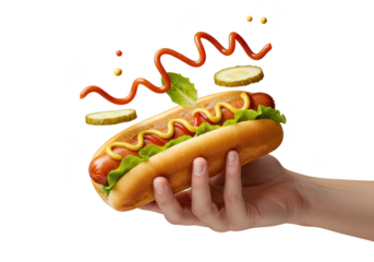 Hand holding a delicious hot dog with ketchup and mustard, isolated on transparent background