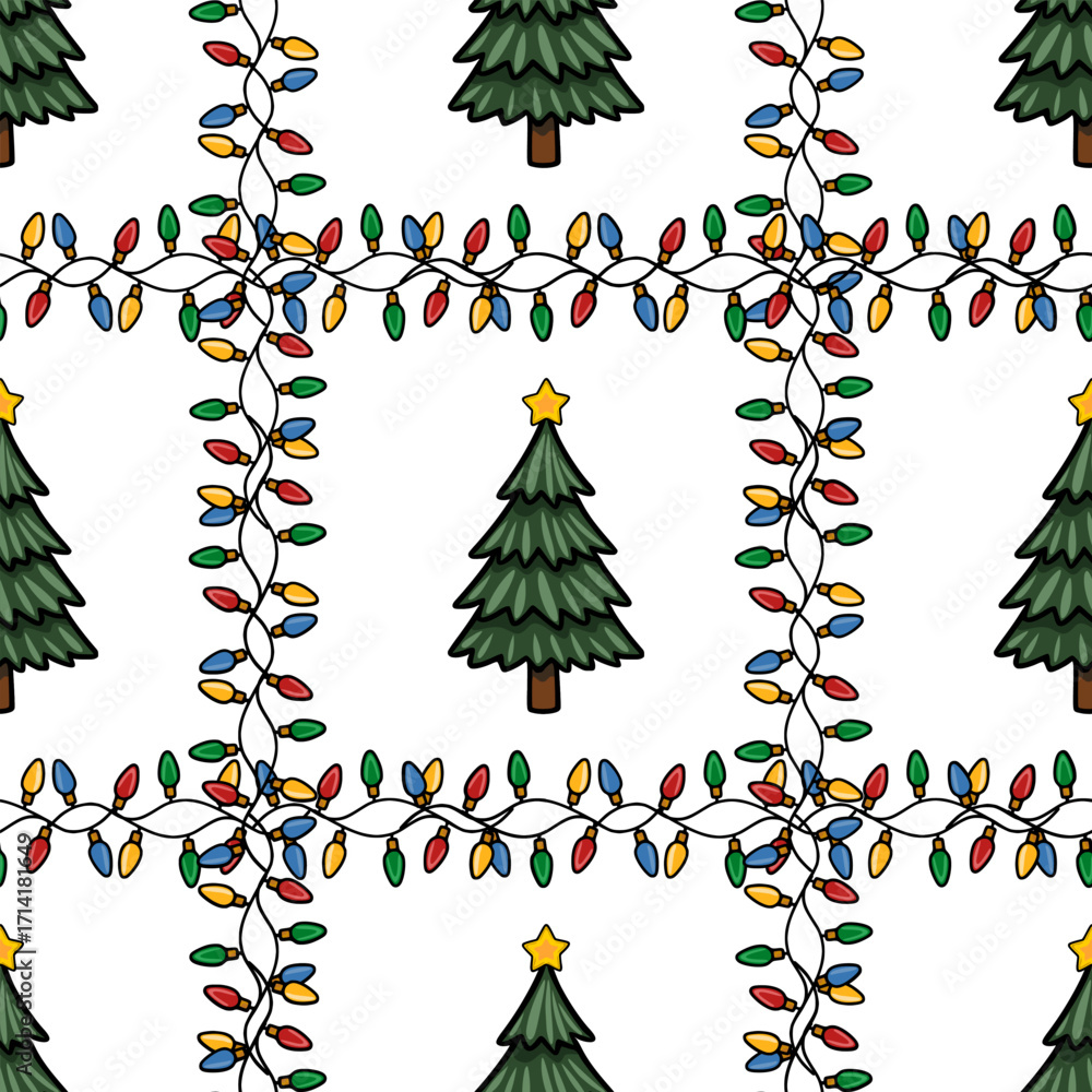 Poster seamless vector christmas pattern featuring stylized christmas trees and colorful string lights, cre