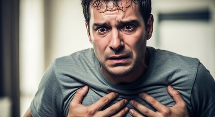 Fototapeta premium A man clutches his chest in distress, his face contorted in fear and anxiety.