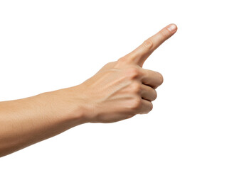 Closeup of a hand pointing with index finger, isolated on transparent background