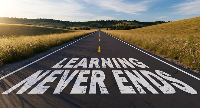 Learning Never Ends Sign on a Rural Road — Symbolizing Lifelong Growth, Personal Development, and the Continuous Journey of Education and Discovery