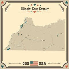 Large and accurate map of Cass County, Illinois, USA with vintage colors.