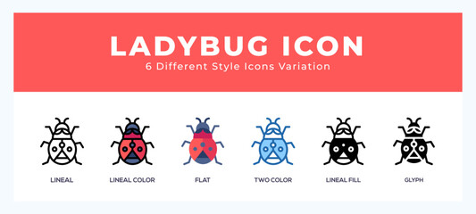 Ladybug icon set with different styles. Design elements for logo. Vector illustration.