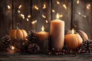 Autumn pumpkins and candles with colorful fall leaves on a rustic wooden background creating a cozy seasonal still life with warm atmosphere. Harvest season and cozy holiday vibes. Pumpkin