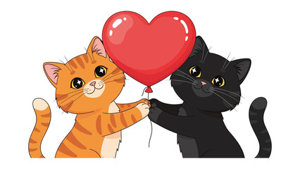 Cuddling Kittens with Heart Balloon: A duo of adorable kittens, a ginger and a black, hold a red heart-shaped balloon, celebrating the day of love, embodying pure affection and companionship.