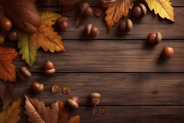 Autumn flay lay. Autumn leaves and acorns on rustic wooden background creating a seasonal design perfect for cozy fall concepts.. Autumn foliage. Copy space. Blank background