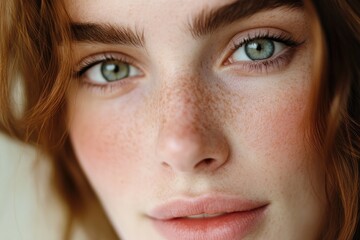 Fototapeta premium Close-up portrait of woman with curly hair and freckles looking into camera