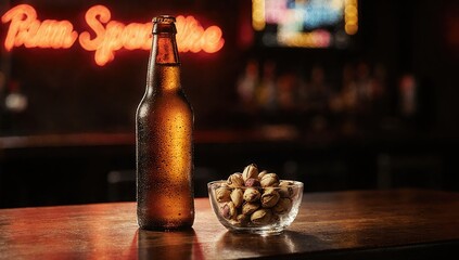 Beer bottle and glass bowl of pistachios on wooden bar table with light shining through glass, neon lights in background
