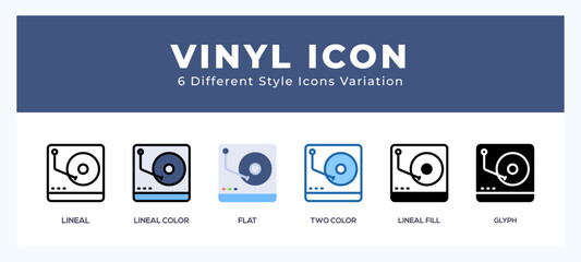 Vinyl icon set with different styles. Design elements for logo. Vector illustration.