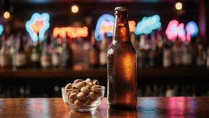Beer bottle and glass bowl of pistachios on wooden bar table with light shining through glass, neon lights in background