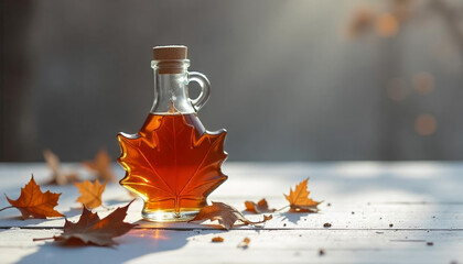 Glass bottle of maple syrup with autumn leaves and warm golden light on soft background. AI generated.
