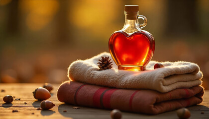 Glass bottle of maple syrup with autumn leaves and warm golden light on soft background. AI generated.
