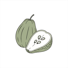 Illustration of a whole and halved green fruit with seeds