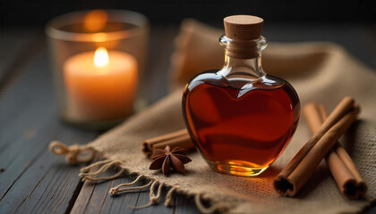 Glass bottle of maple syrup with autumn leaves and warm golden light on soft background. AI generated.
