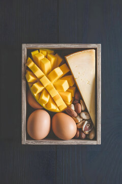 A rustic wooden crate filled with high-protein foods, including brown eggs, various nuts, and cubed cheese on a dark background