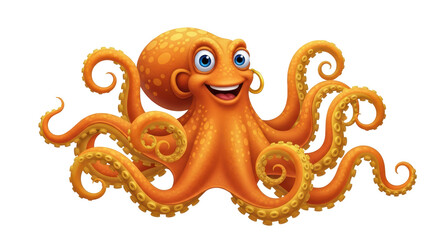 Isolated Orange Octopus Cartoon Character with Curly Tentacles and Cheerful Expression © Isolde