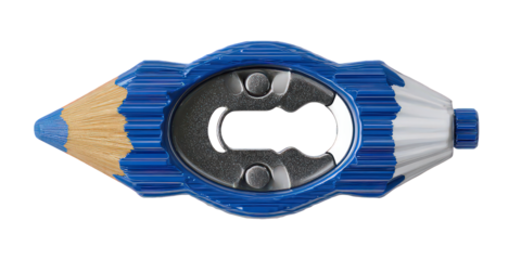 Close Up Of A Blue And White Pencil Sharpener