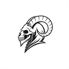 Black and white illustration of a ram skull with large curved horns