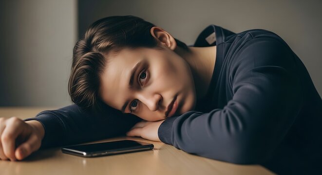 A sad, tired young person with short hair rests their head on a table, looking melancholically at the camera next to a smartphone. - Powered by Adobe