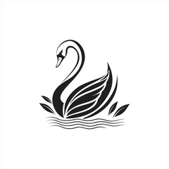 Obraz premium Elegant black swan silhouette floating on water with leaves