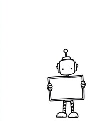 Obraz premium Friendly Robot with Sign: A charming robot stands, holding a blank sign, inviting creativity and communication. A playful digital artwork, perfect for illustrating innovation.