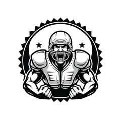 Black and white illustration of a determined football player with a helmet and shoulder pads.