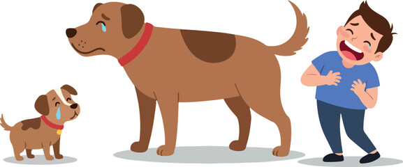 Illustration of a Sad Dog Puppy and Boy with Tears on White Background