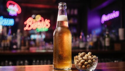 Beer bottle and glass bowl of pistachios on wooden bar table with light shining through glass, neon lights in background