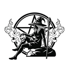 A witch sits on a rock with a skull and staff, pentagram behind.