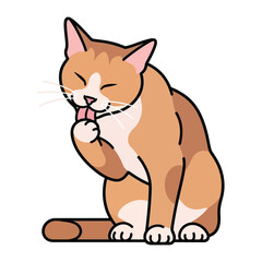 Obraz premium Whiskered Grooming: A charming illustration captures a ginger cat in a moment of self-care, diligently grooming its paws. A lighthearted and cute depiction of feline hygiene.