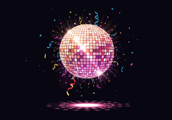 Obraz premium Vibrant Disco Ball with Confetti and Light Reflections on Dark Background.
