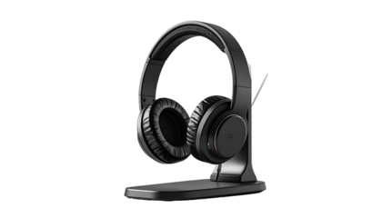 Modern over-ear headphones on a stand