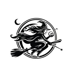 Black and white illustration of a witch flying on a broomstick, holding a skull and a magic wand, within a circular emblem.
