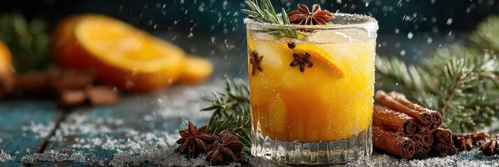 Refreshing winter cocktail with orange and spices garnished with fresh herbs on a snowy table setting © Georg
