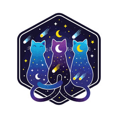 Three space cats sitting together in a hexagonal space design, with moons and stars.