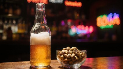 Beer bottle and glass bowl of pistachios on wooden bar table with light shining through glass, neon lights in background