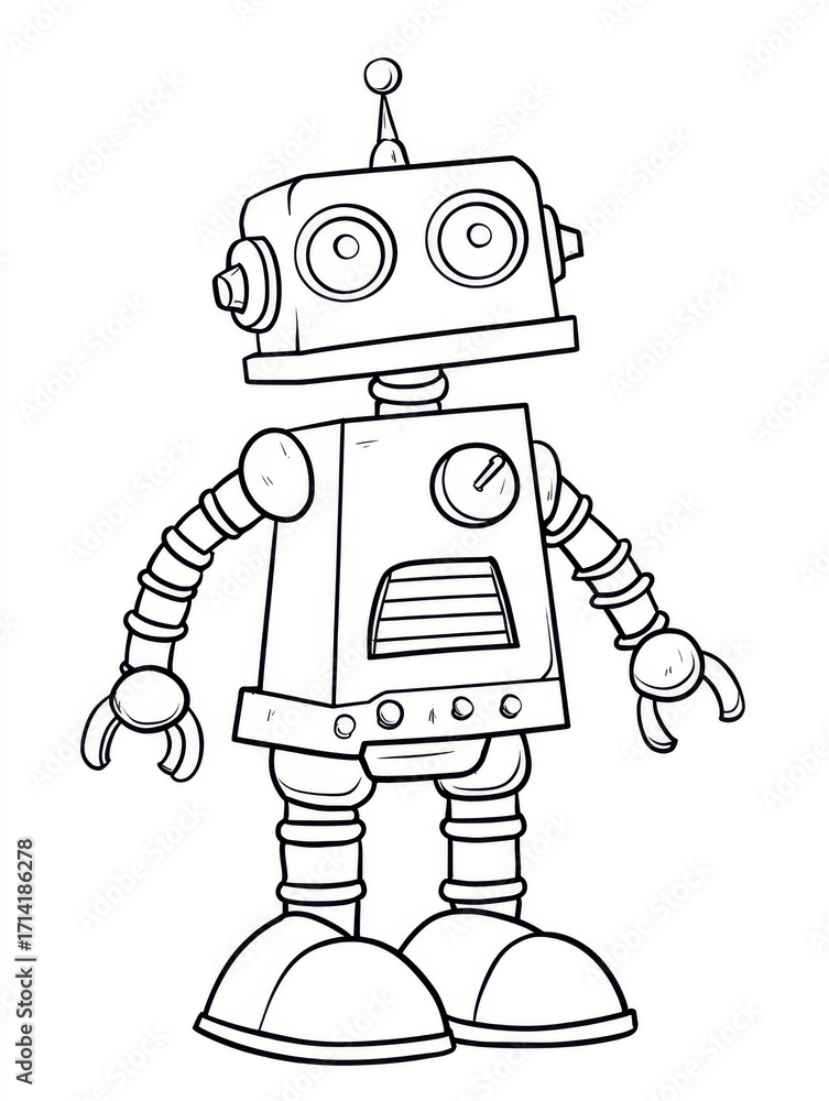 Poster robot illustration: a simple illustration of a classic robot character, created with clean lines and