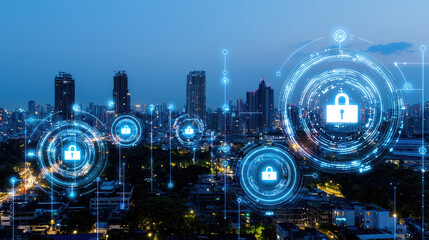 Cityscape with energy efficient smart building, digital lock, cybersecurity, technology, futuristic, evening, secure