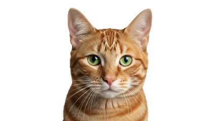 Isolated, a beautiful ginger tabby cat with striking green eyes gazing directly at the camera
