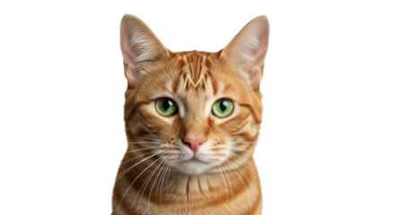Isolated, a beautiful ginger tabby cat with striking green eyes gazing directly at the camera