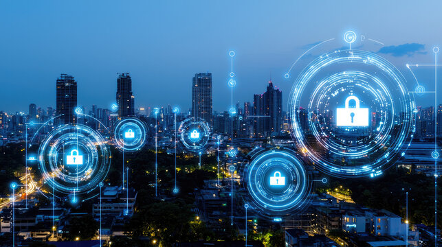 Cityscape with energy efficient smart building, digital lock, cybersecurity, technology, futuristic, evening, secure