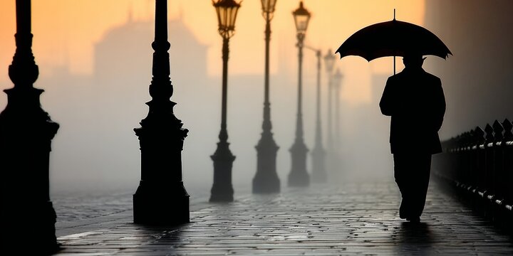 Mysterious Silhouette of a Man with Umbrella Walking on Foggy Bridge at Dusk in Vintage Style