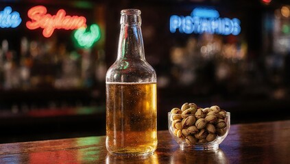Beer bottle and glass bowl of pistachios on wooden bar table with light shining through glass, neon lights in background