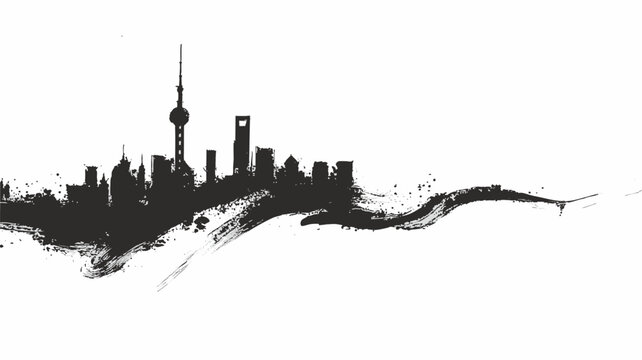 Shanghai skyline silhouette in dramatic black brush ink grunge painting