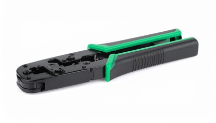 Professional network crimping tool with ergonomic black and green handles for ethernet cable installation, isolated on a white background