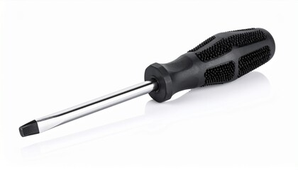 A professional flathead screwdriver with a durable steel shaft and a black textured non-slip rubber handle, isolated on a white background