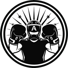 Boxing athlete with gloves and headgear in a circular logo design.